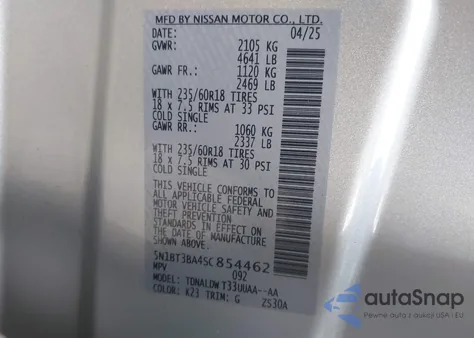 2025 Nissan Rogue Sv Fwd z USA, uszkodzony, nr VIN 5N1BT3BA4SC854462